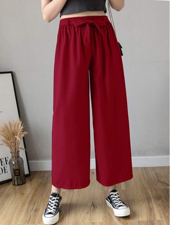 Solid Color Wide-Leg Cropped  Pants W/ Tie Belt